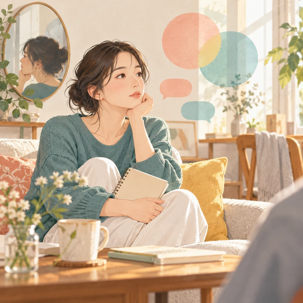 診断結果をきっかけに、自分と相手の会話や普段の行動を振り返る二人のイラスト