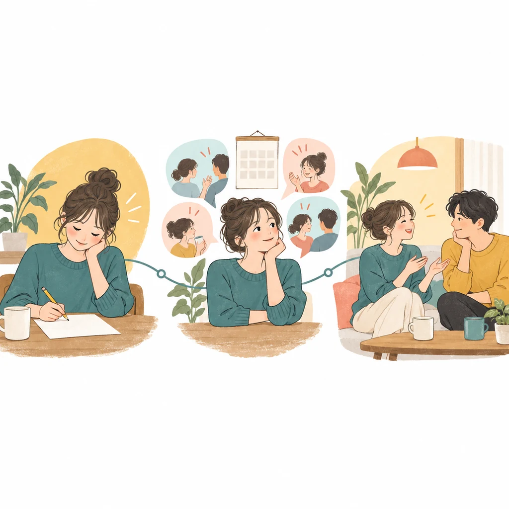 回答した場面、繰り返す行動、相手との話し合いを順に見直すイラスト