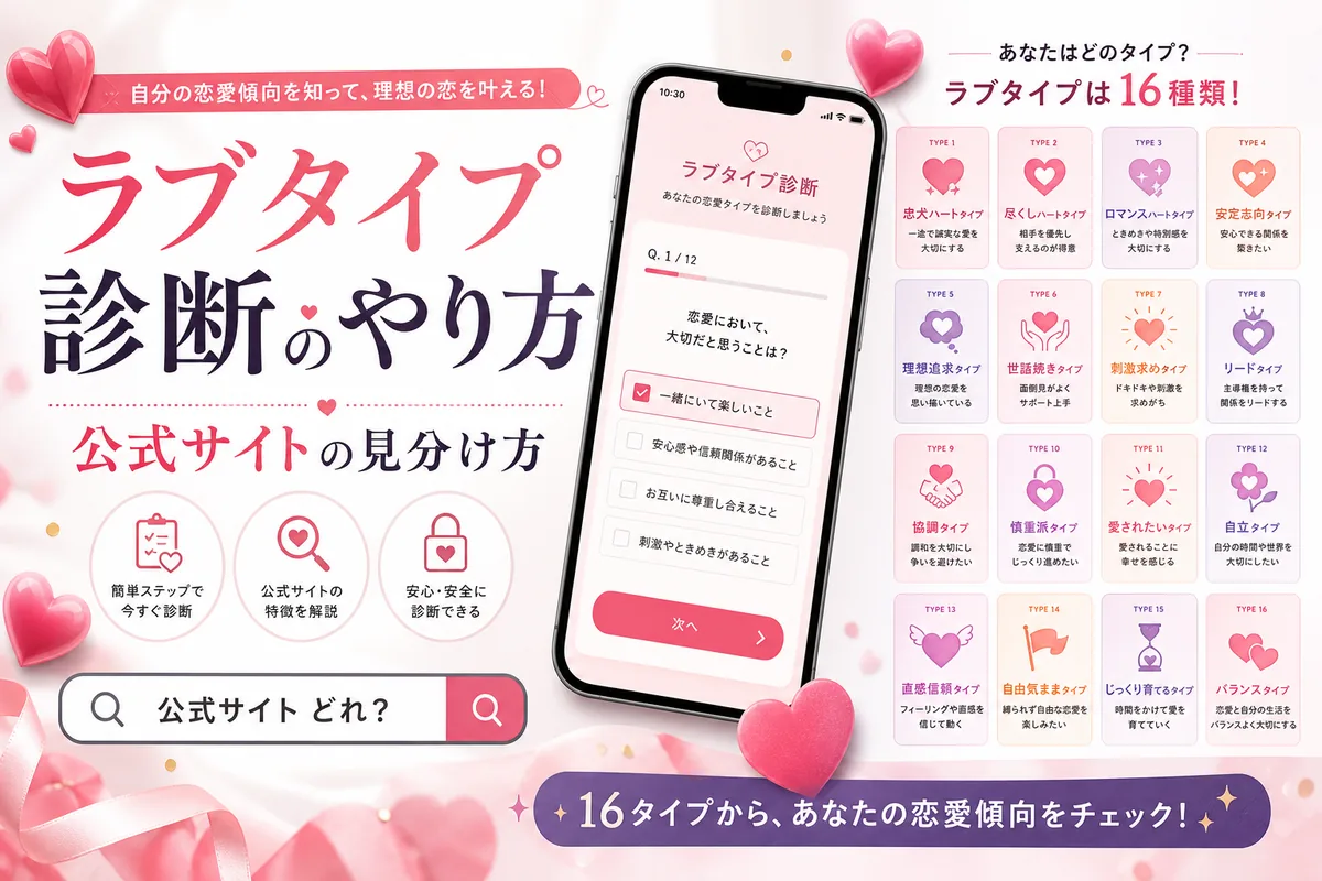 ラブタイプ診断のやり方と公式サイトの見分け方をスマートフォン画面で説明するイメージ