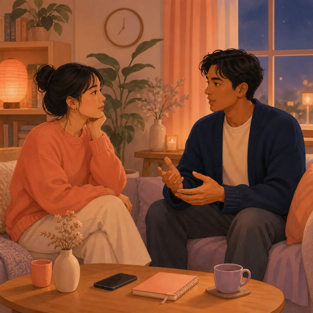 夜の部屋で二人が向き合い、スマートフォンを置いて穏やかに話し合うイラスト