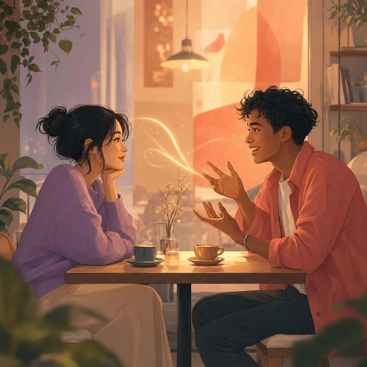異なる雰囲気の二人がカフェで向き合い、恋愛の違いを会話しているイメージ